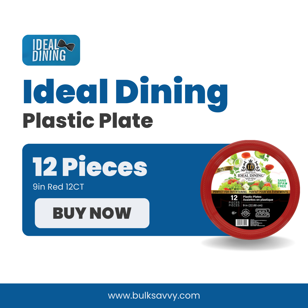 Bulk Order: 432 COUNT,  Ideal Dining Plastic Plate Red, 9 inches (36 packs of 12 plates per case)