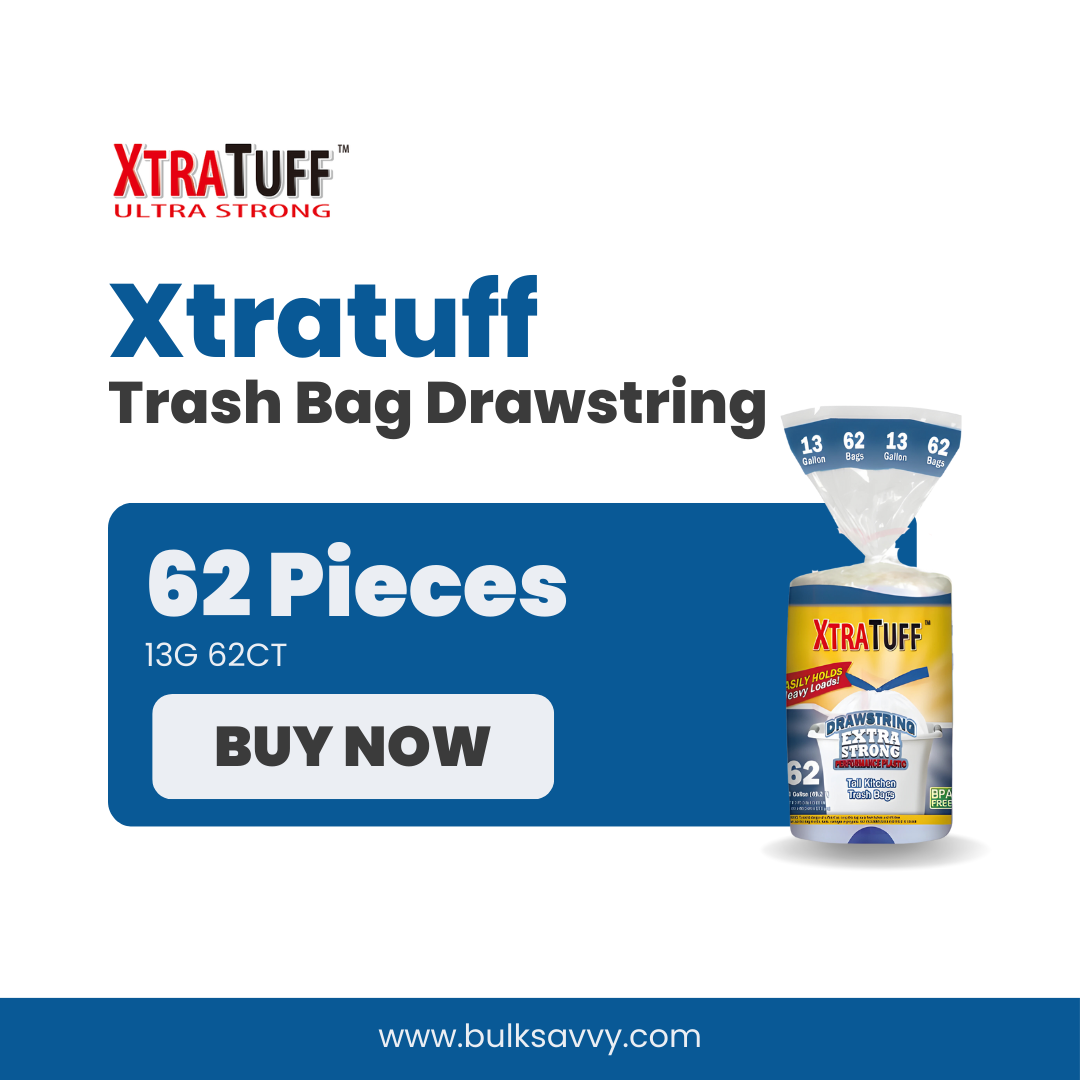 Bulk Order: 744 COUNT, XtraTuff Trash Bag Drawstring 13 Gallon - (12 Big Rolls of 62 bags per case)