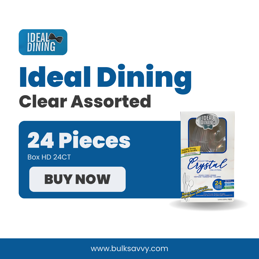 Bulk Order: 576 COUNT, Ideal Dining HD Clear Assorted - (24 packs of 24 assorted pieces per case)