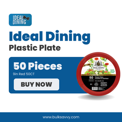 Bulk Order: 600 COUNT, Ideal Dining Plastic Plate Red, 9 inches (12 packs of 50 plates per case)