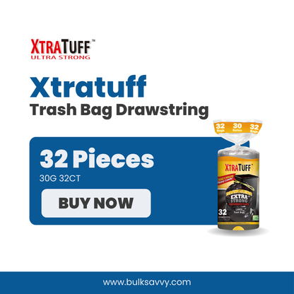 Bulk Order: 384 COUNT, XtraTuff Trash Bag Drawstring 30Gallon - (12 Rolls of 32 bags per case)