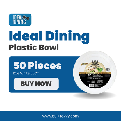 Bulk Order: 600 COUNT, Ideal Dining Plastic Bowls White, 12oz - (12 packs of 50 bowls per case)