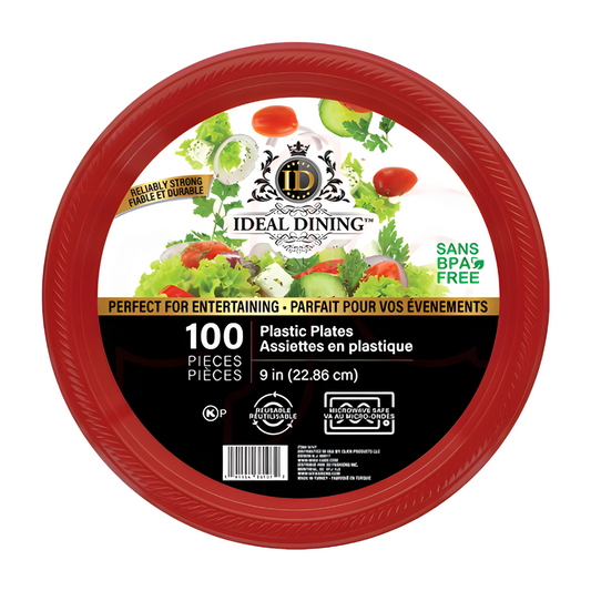 Bulk Order: 400 COUNT, Ideal Dining Plastic Plate Red, 9 inches - (4 packs of 100 plates per case)