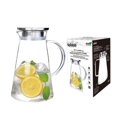 Bulk Order: Splash Clear Glass Pitcher with Aluminum Lid ,50.7oz - (6 pitchers per case)