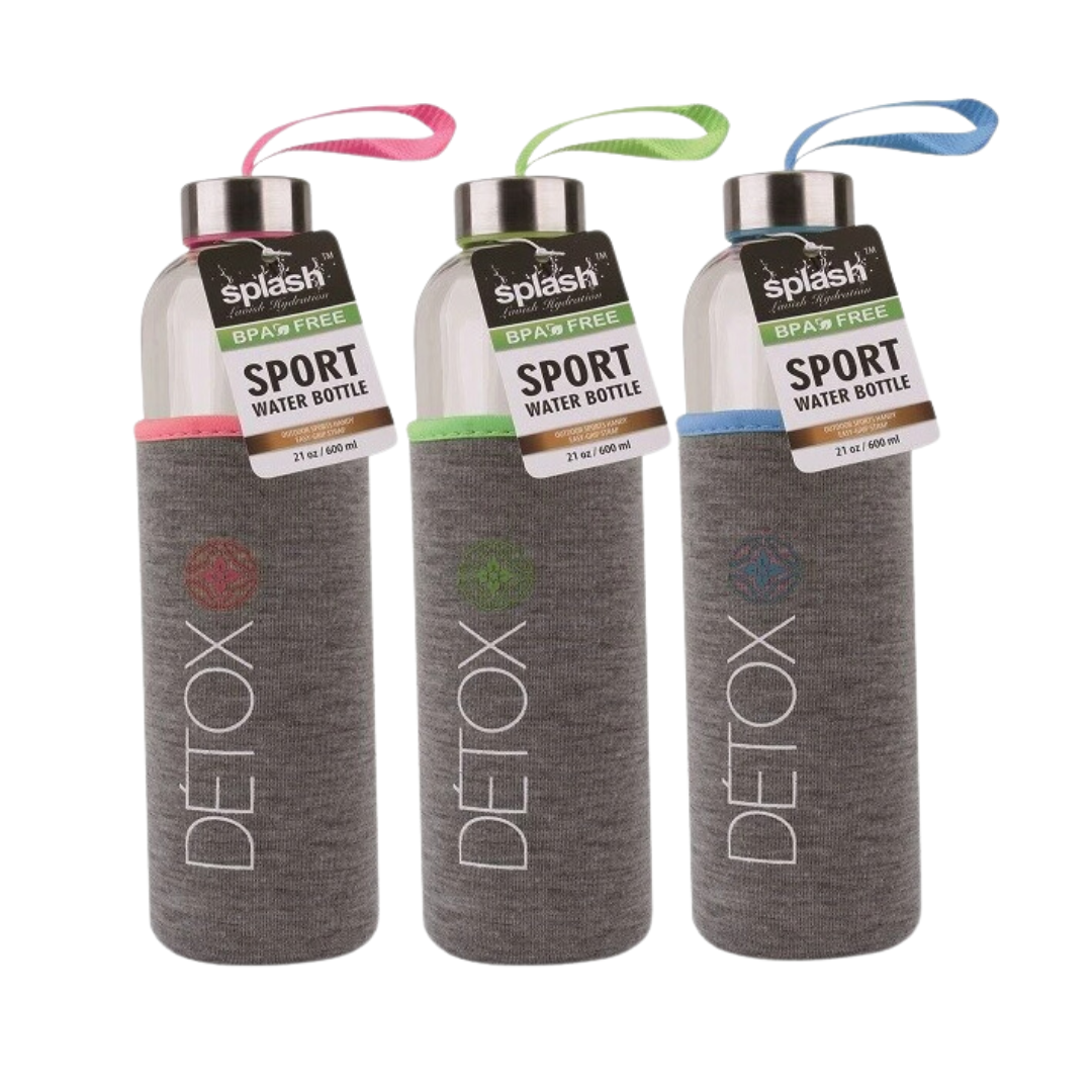 Bulk Order: Splash Glass Bottle, Sleeve Detox Holder, Chrome Top, 20oz - (12 Bottles per case)