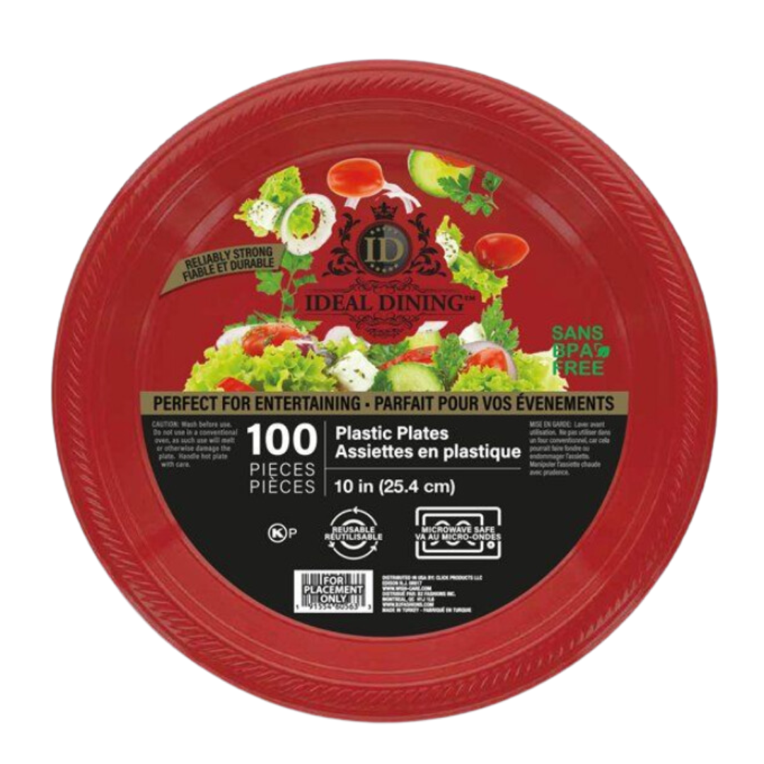 Bulk Order: 400 COUNT,  Ideal Dining Plastic Plates, 10-inch, Red - (4 packs of 100 plates per case)