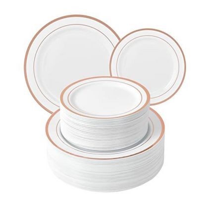 Bulk Order: 120 COUNT, Elegance Plate, 7.5 inches, White with 2 Line Stamp Rose Gold - (12 packs of 10 plates per case)