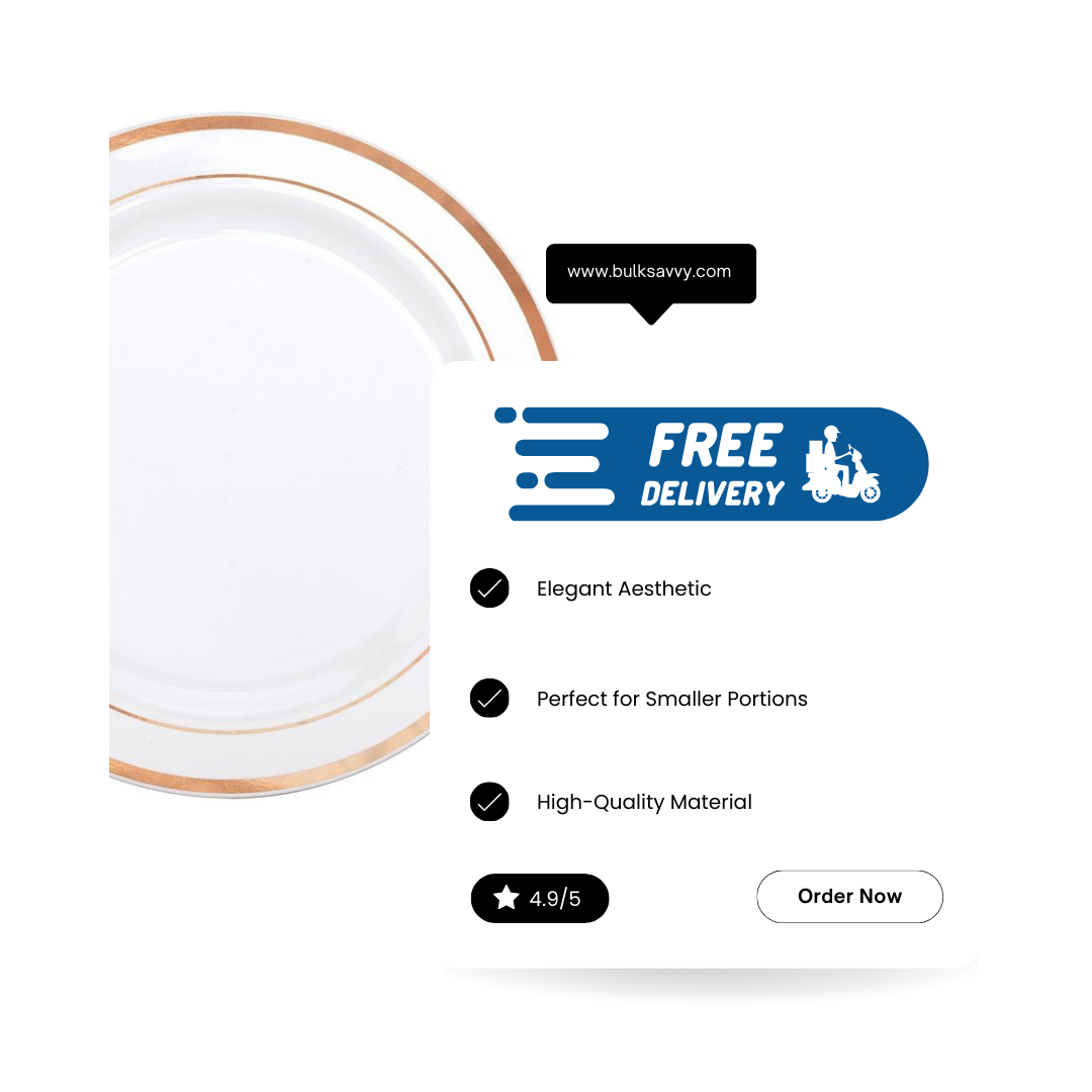 Bulk Order: 120 COUNT, Elegance Plate, 6.25 inches, White with 2 Lines Stamp Rose Gold - (12 packs of 10 plates per case)