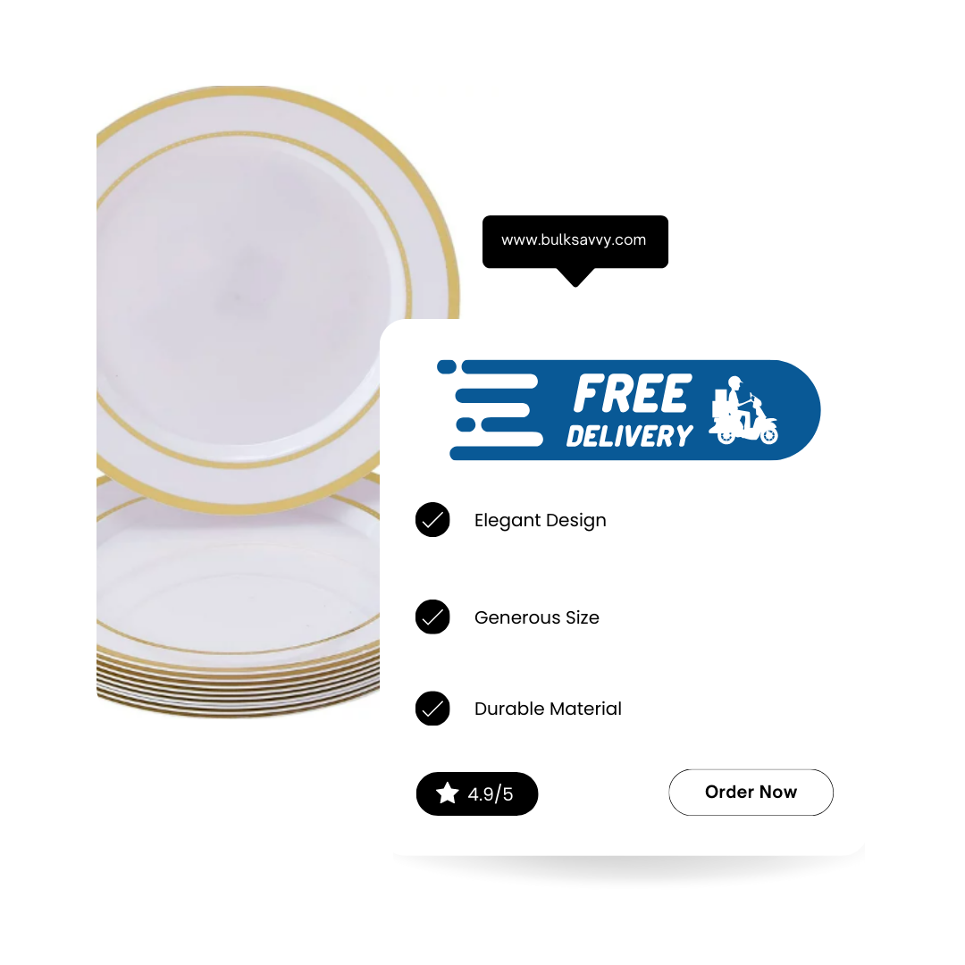 Bulk Order: 120 COUNT, Elegance Plates, 10.25 inches, White with Gold 2-Line Stamp - (12 packs of 10 plates per case)