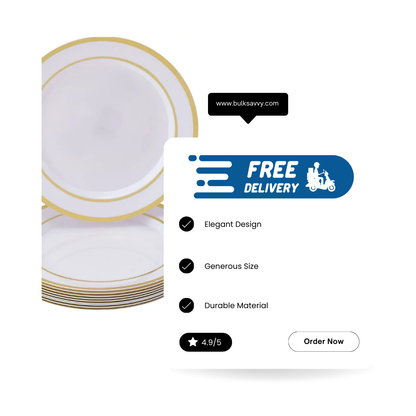 Bulk Order: 120 COUNT, Elegance Plates, 10.25 inches, White with Gold 2-Line Stamp - (12 packs of 10 plates per case)