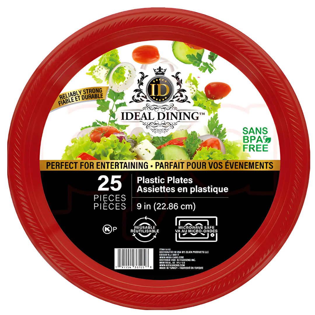 Bulk Order: 600 COUNT,  Ideal Dining Plastic Plate Red, 9 inches - (24 packs of 25 plates each per case)