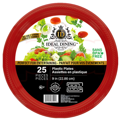 Bulk Order: 600 COUNT,  Ideal Dining Plastic Plate Red, 9 inches - (24 packs of 25 plates each per case)