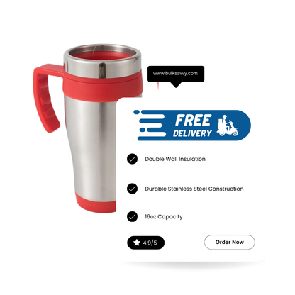 Bulk Order: Splash Double Wall Insulated Stainless Steel Travel Mug, 16oz - (24 Mugs per case)