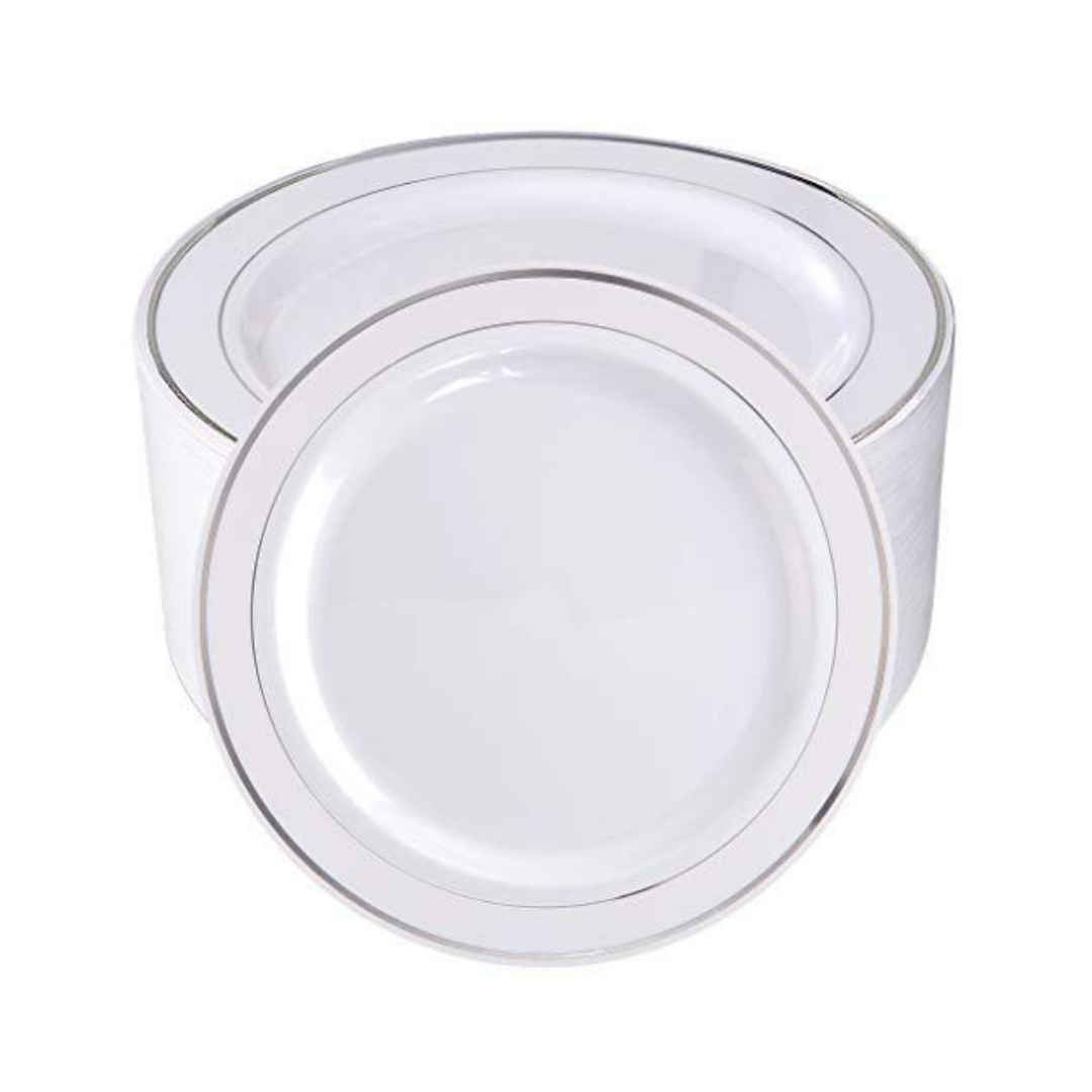 Bulk Order: 120 COUNT, Elegance Plate, 7.5 inches, White with 2 Lines Stamp Silver - (12 Packs of 10 plates per case)