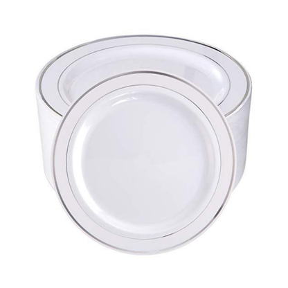 Bulk Order: 120 COUNT, Elegance Plate, 7.5 inches, White with 2 Lines Stamp Silver - (12 Packs of 10 plates per case)