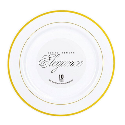 Bulk Order: 120 COUNT, Elegance Plates, 10.25 inches, White with Gold 2-Line Stamp - (12 packs of 10 plates per case)