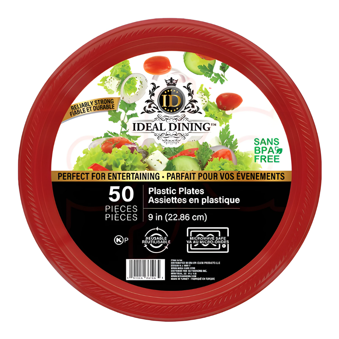 Bulk Order: 600 COUNT, Ideal Dining Plastic Plate Red, 9 inches (12 packs of 50 plates per case)