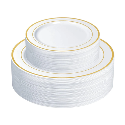 Bulk Order: 120 COUNT, Elegance Plates, 10.25 inches, White with Gold 2-Line Stamp - (12 packs of 10 plates per case)