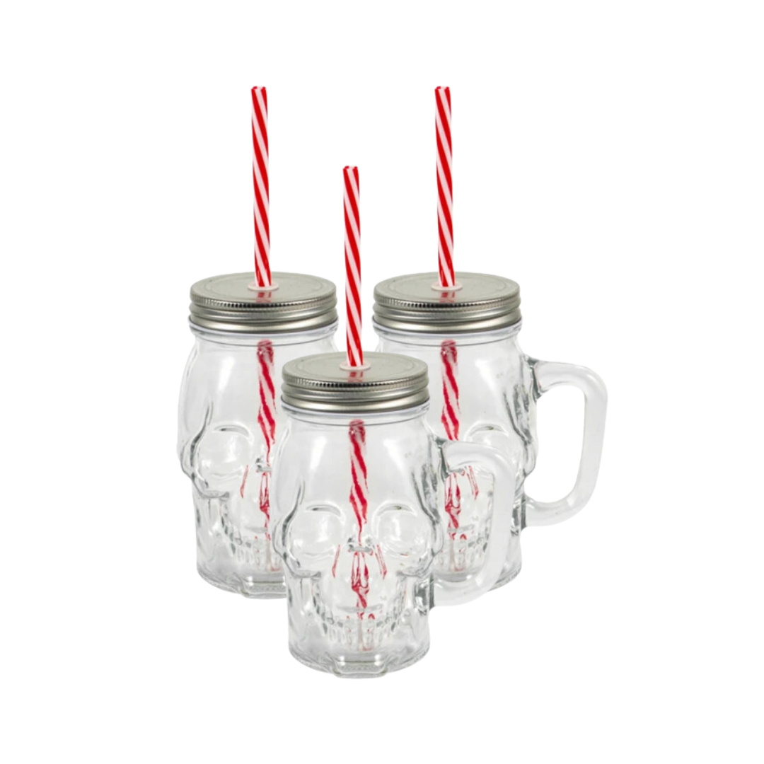 Bulk Order: Splash Skull Glass Mug with Straw, 16.57oz - (24 Mugs per case)