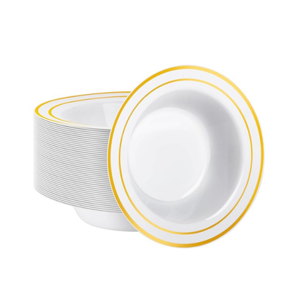 Bulk Order: 144 COUNT, Elegance Bowl, White with Gold 2-Line Stamp, 12oz (12 packs of 10 bowls per case)