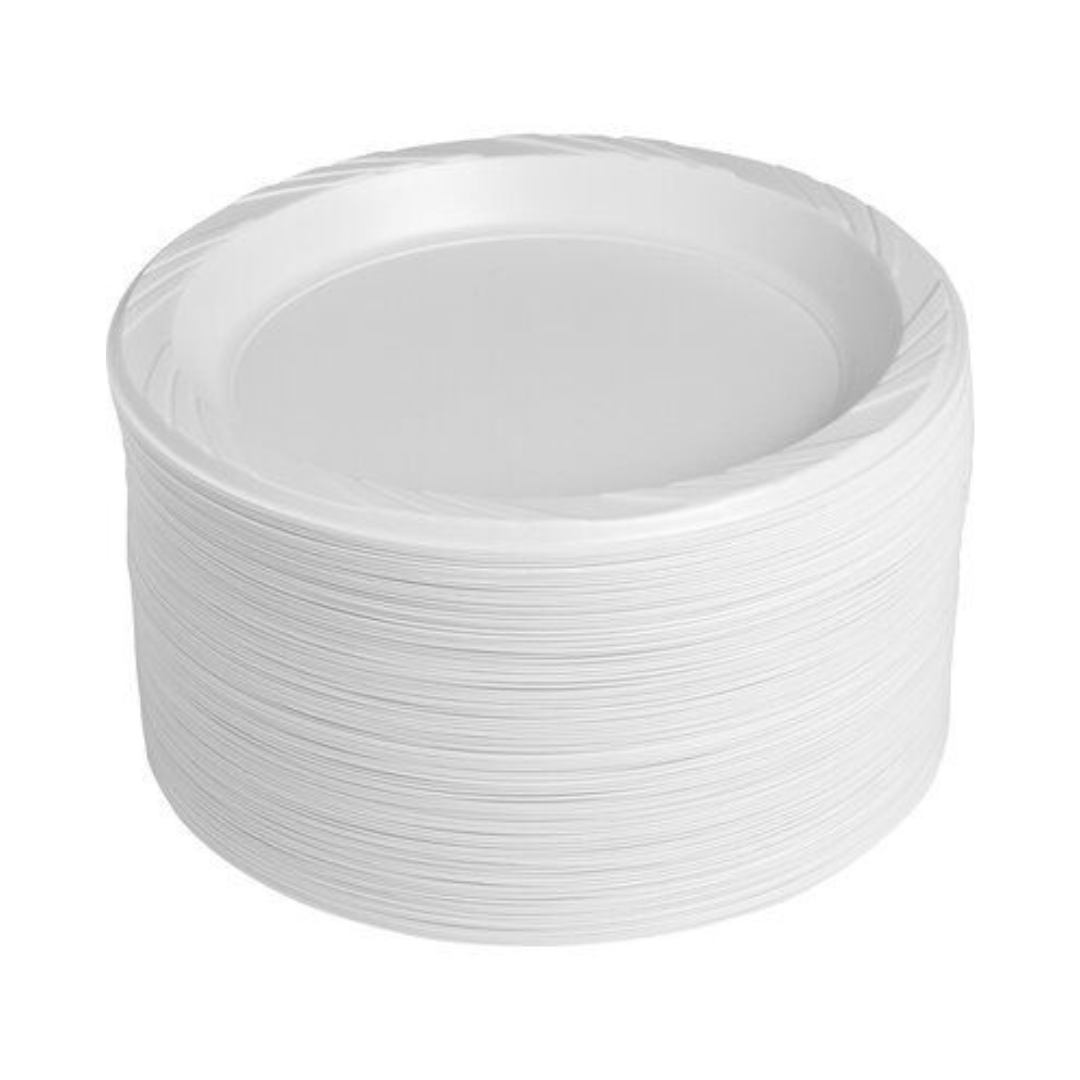 Bulk Order:  600 COUNT, Ideal Dining Plastic Plate White, 9 inches - (12 packs of 50 plates per case)