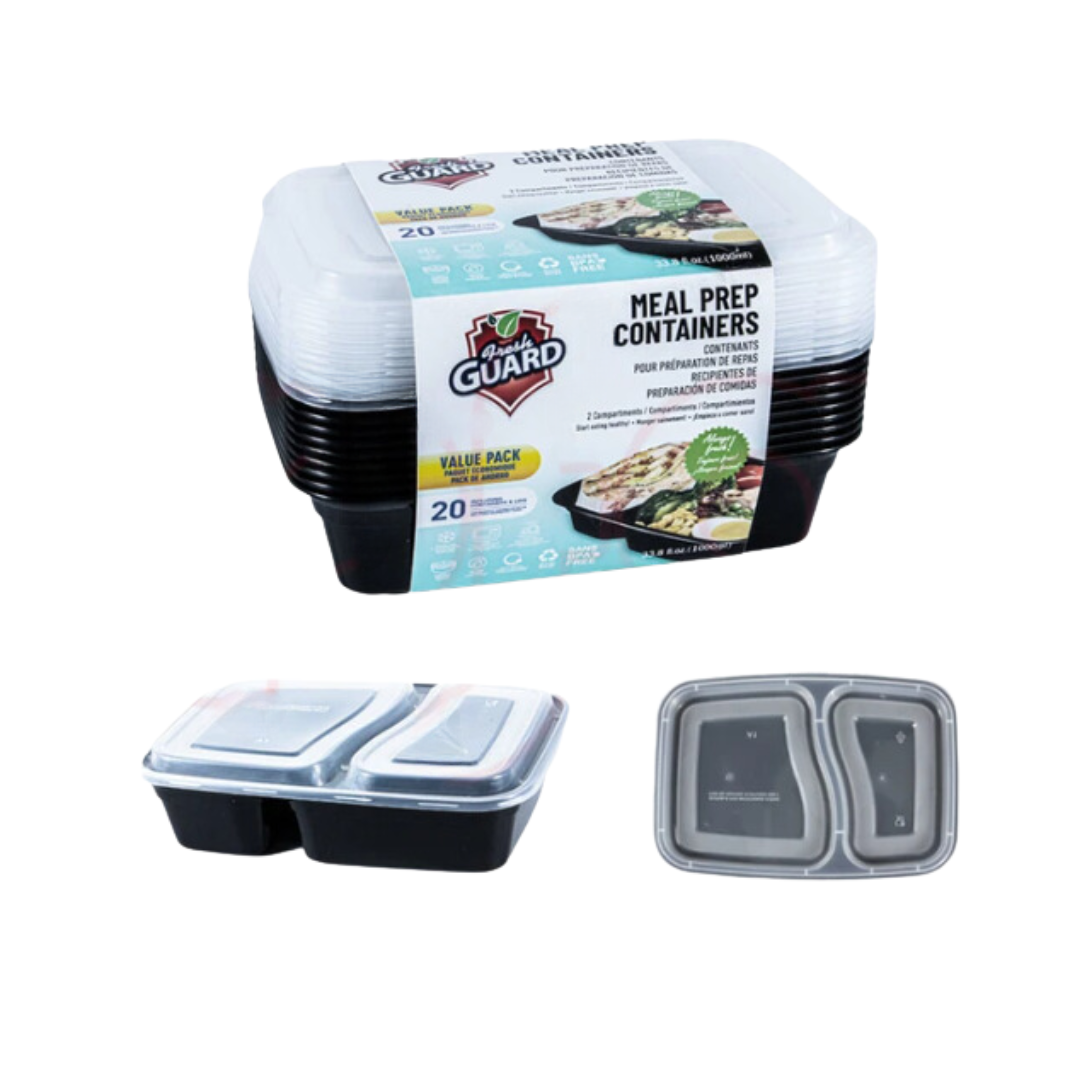 Bulk Order: 120 COUNT, Fresh Guard Food Containers with Covers, 2 Div, 33.8 once storage (12 Packs of 10 containers per case)