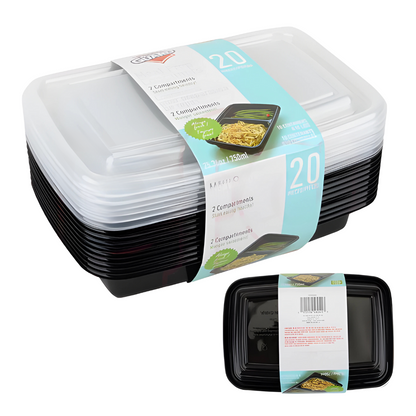 Bulk Order: 240 COUNT,  Fresh Guard Plastic Bento Meal Prep Container, 2 Div, 26.3 Once  - (12 packs of 10 containers per case)