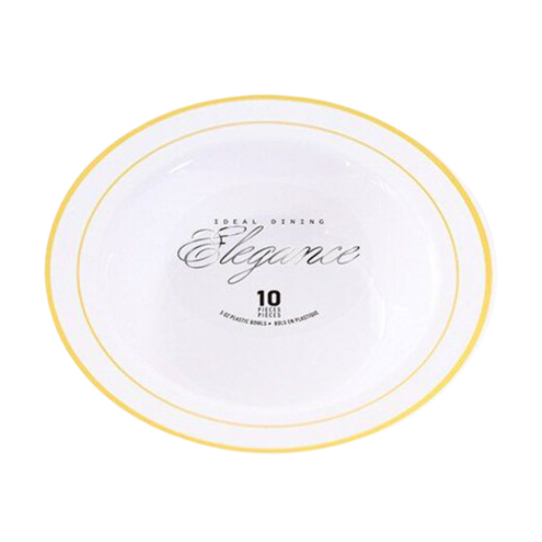 Bulk Order: 144 COUNT, Elegance Bowl, White with Gold 2-Line Stamp, 12oz (12 packs of 10 bowls per case)