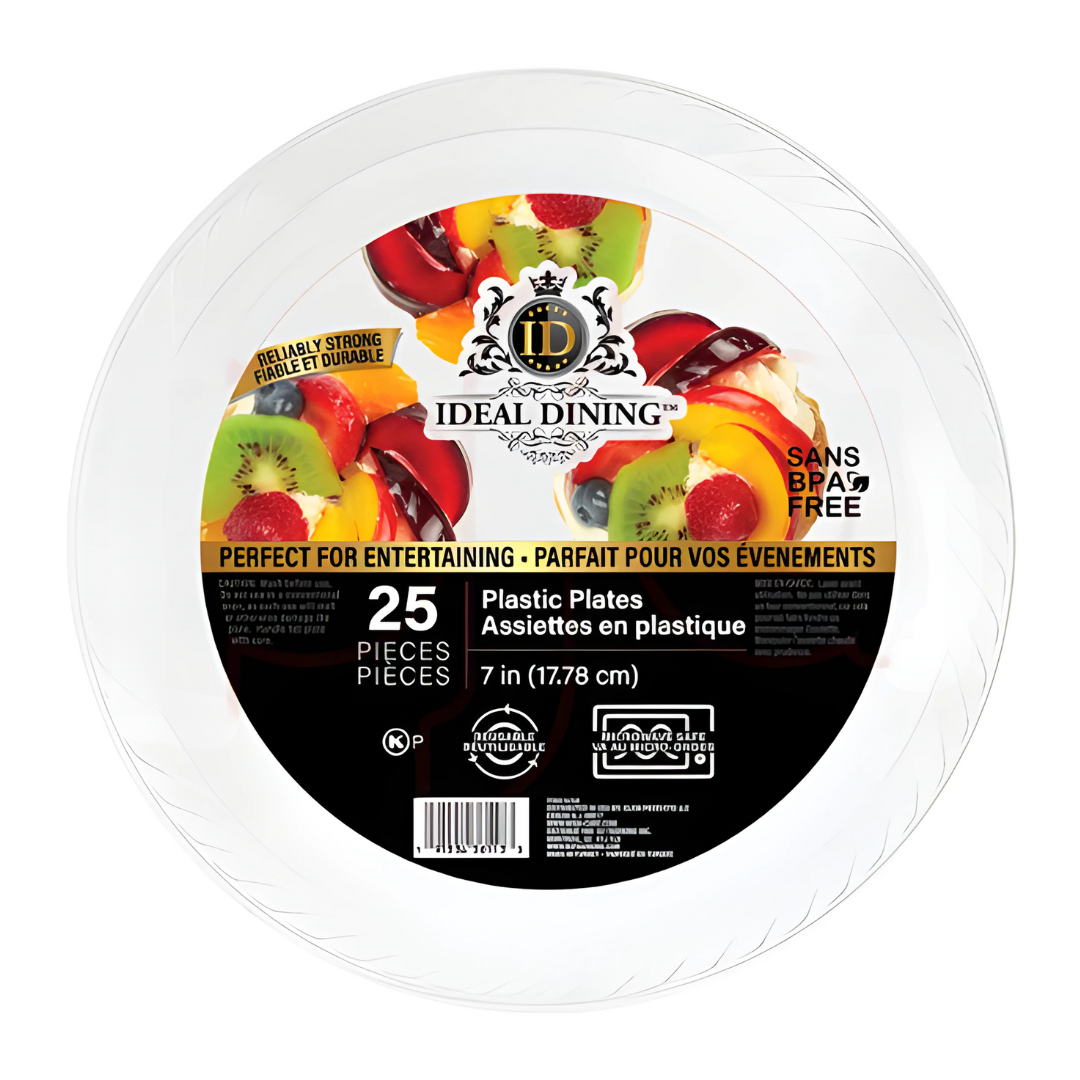 Bulk Order:  600 COUNT, Ideal Dining Plastic Plate White, 7 inches - (24 packs of 25 plates per case)