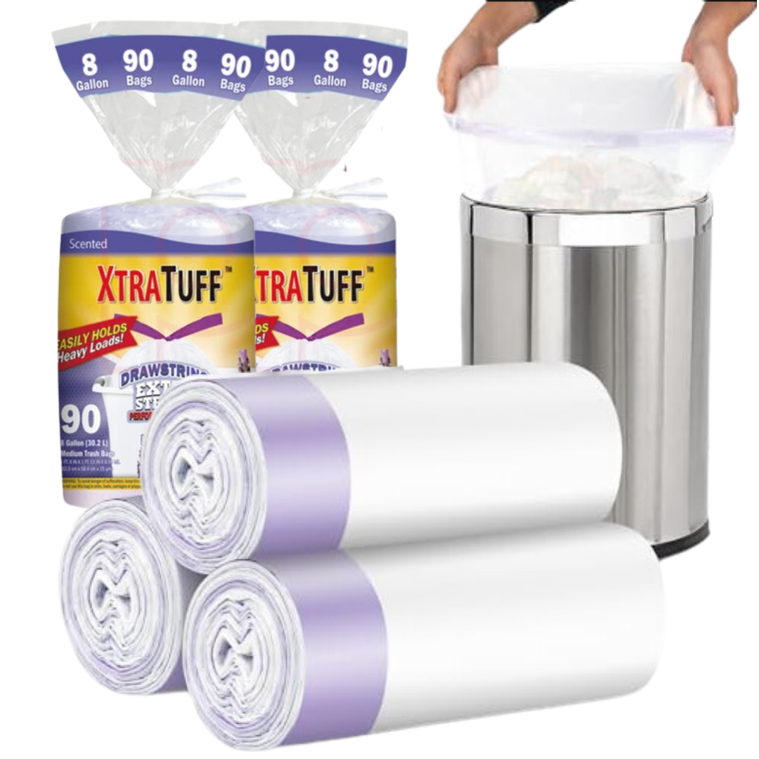 Bulk Order: 1080 COUNT, XtraTuff™ Trash Bag Drawstring Lavender, 8 Gallon - (12 Rolls of 90 bags per case)