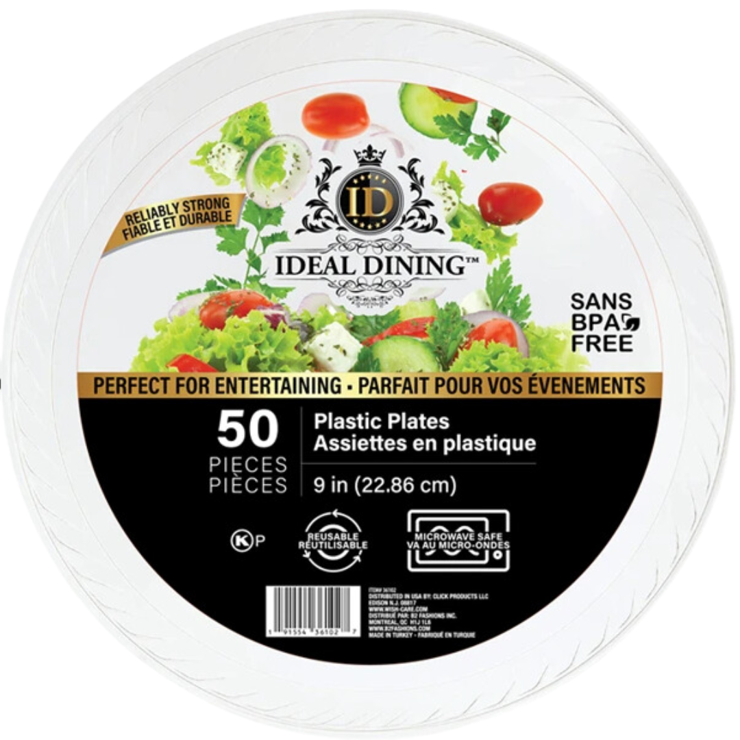 Bulk Order:  600 COUNT, Ideal Dining Plastic Plate White, 9 inches - (12 packs of 50 plates per case)