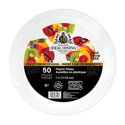 Bulk Order: 600 COUNT, Ideal Dining Plastic Plate White, 7 inches - (12 packs of 50 plates per case)