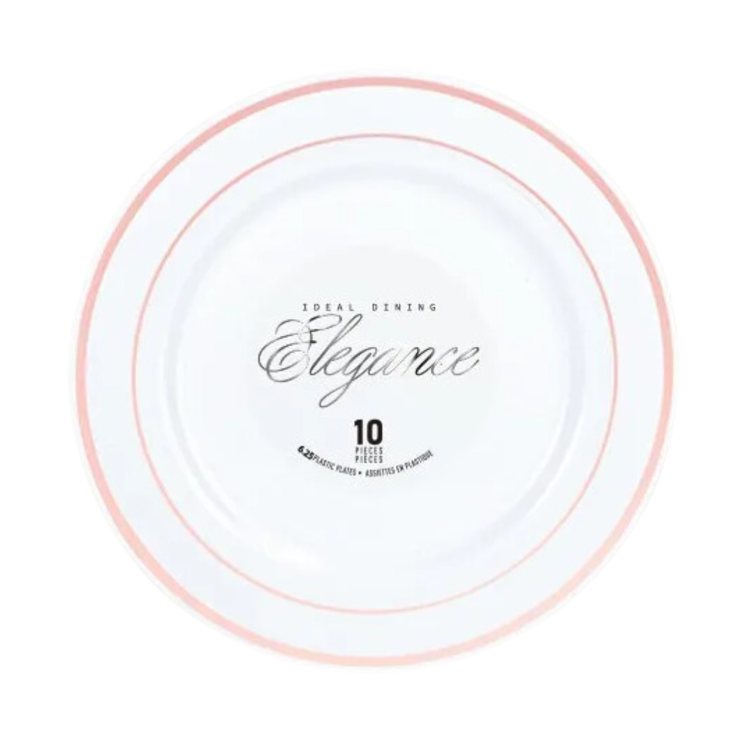 Bulk Order: 120 COUNT, Elegance Plate, 6.25 inches, White with 2 Lines Stamp Rose Gold - (12 packs of 10 plates per case)