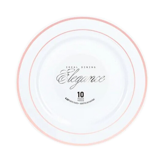 Bulk Order: 120 COUNT, Elegance Plate, 6.25 inches, White with 2 Lines Stamp Rose Gold - (12 packs of 10 plates per case)