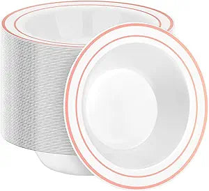 Bulk Order: 120 COUNT, Elegance Bowls, White with Rose Gold 2-Line Stamp, 12oz - (12 packs of 10 bowls per case)