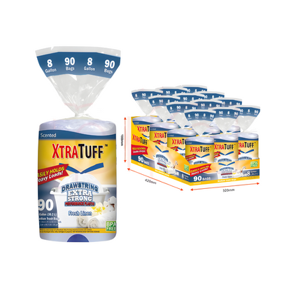 Bulk Order: 1080 COUNT, XtraTuff™ Trash Bag Drawstring Linen Fresh Scent 8 Gallon - (12 Rolls of 90 bags per case)