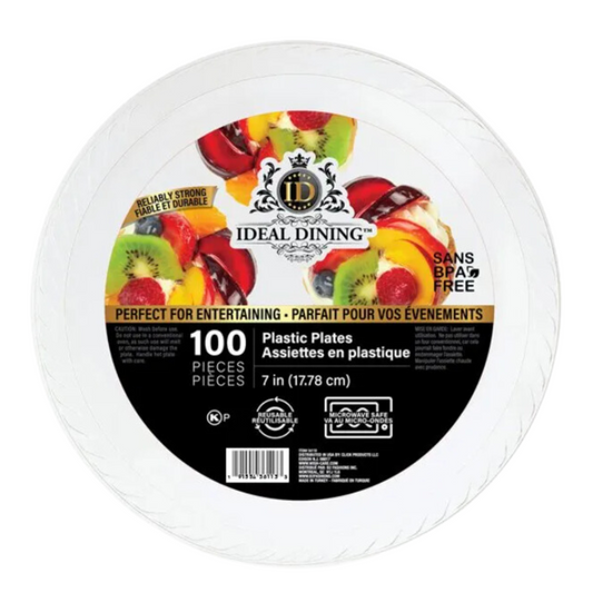 Bulk Order: 400 COUNT,  Ideal Dining Plastic Plate White, 7 inches - (4 packs of 100 plates per case)