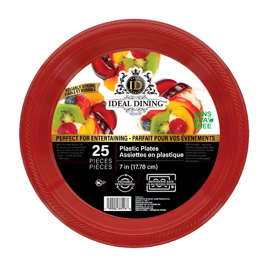 Bulk Order: 600 COUNT,  Ideal Dining Plastic Plate Red, 7 inches - (24 packs of 25 plate per case)