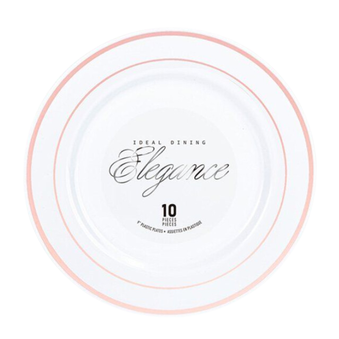 Bulk Order: 120 COUNT, Elegance Plate, 9 inches, White with 2 Line Stamp Rose Gold - (12 packs of 10 plates per case)