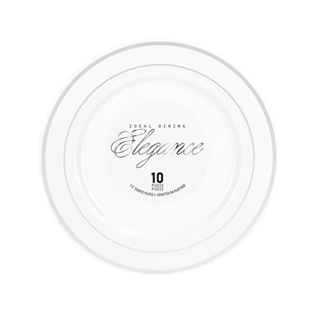 Bulk Order: 120 COUNT, Elegance Plate, 7.5 inches, White with 2 Lines Stamp Silver - (12 Packs of 10 plates per case)