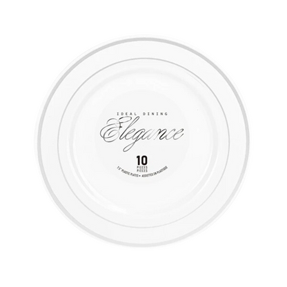 Bulk Order: 120 COUNT, Elegance Plate, 7.5 inches, White with 2 Lines Stamp Silver - (12 Packs of 10 plates per case)