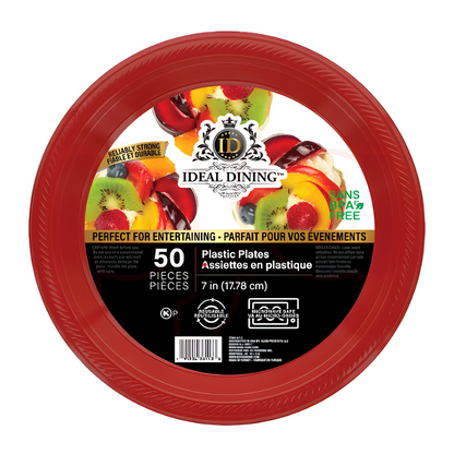 Bulk Order: 600 COUNT, Ideal Dining Plastic Plate Red, 7 inches - (12 packs of 50 plates per case)