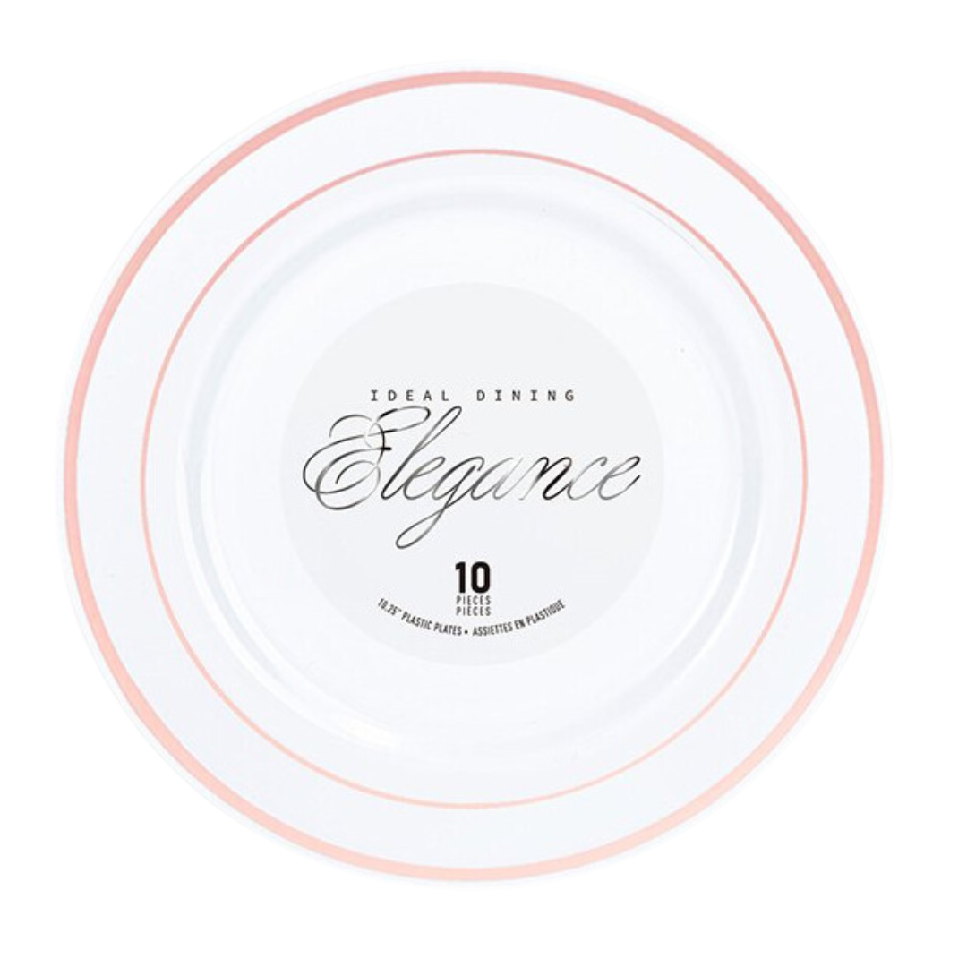 Bulk Order: 120 COUNT, Elegance Plates, 10.25 inches, White Plates with Rose Gold 2-Line Stamp - (12 Packs of 10 plates per case)