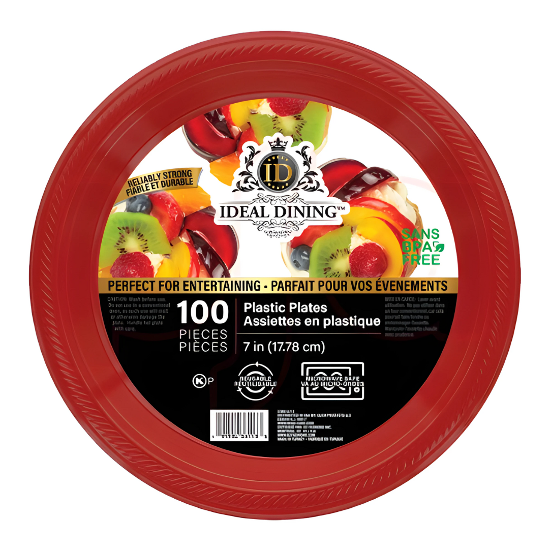 Bulk Order: 400 COUNT,  Ideal Dining Plastic Plate Red, 7 inches - (4 packs of 100 plates per case)