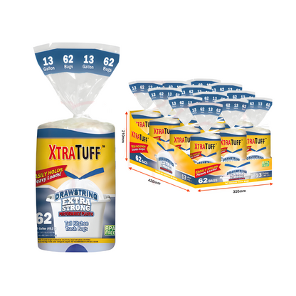 Bulk Order: 744 COUNT, XtraTuff Trash Bag Drawstring 13 Gallon - (12 Big Rolls of 62 bags per case)