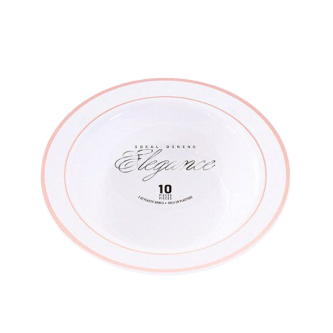 Bulk Order: 120 COUNT, Elegance Bowls, White with 2-Line Stamp Rose Gold, 5oz (12 packs of 10 bowls  per case)