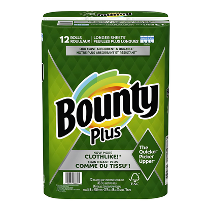 Bulk Order: Bounty Plus A-Size White Long Cloth 2-Ply (12 Rolls of 86 Sheets )