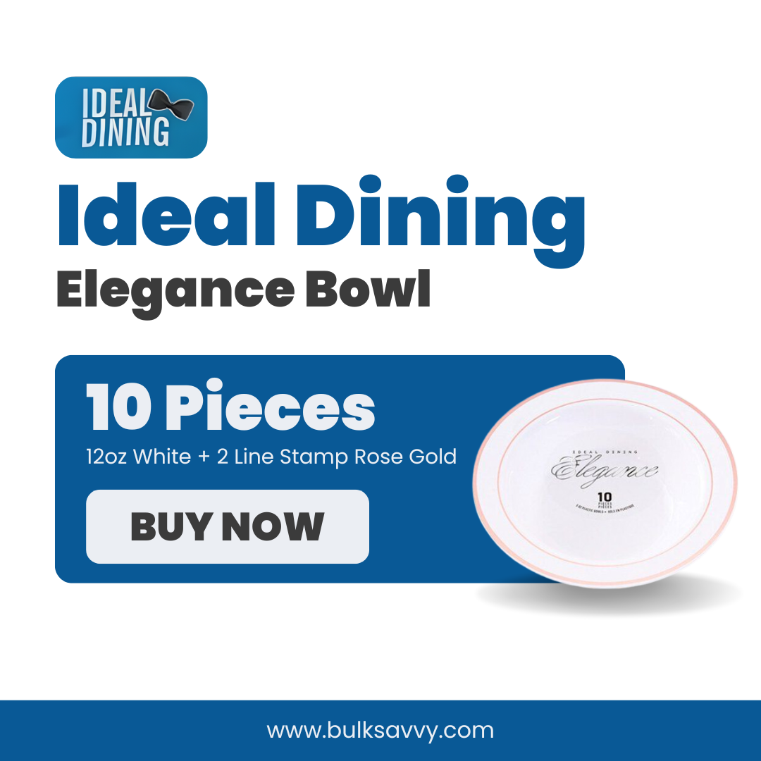 Bulk Order: 120 COUNT, Elegance Bowls, White with Rose Gold 2-Line Stamp, 12oz - (12 packs of 10 bowls per case)