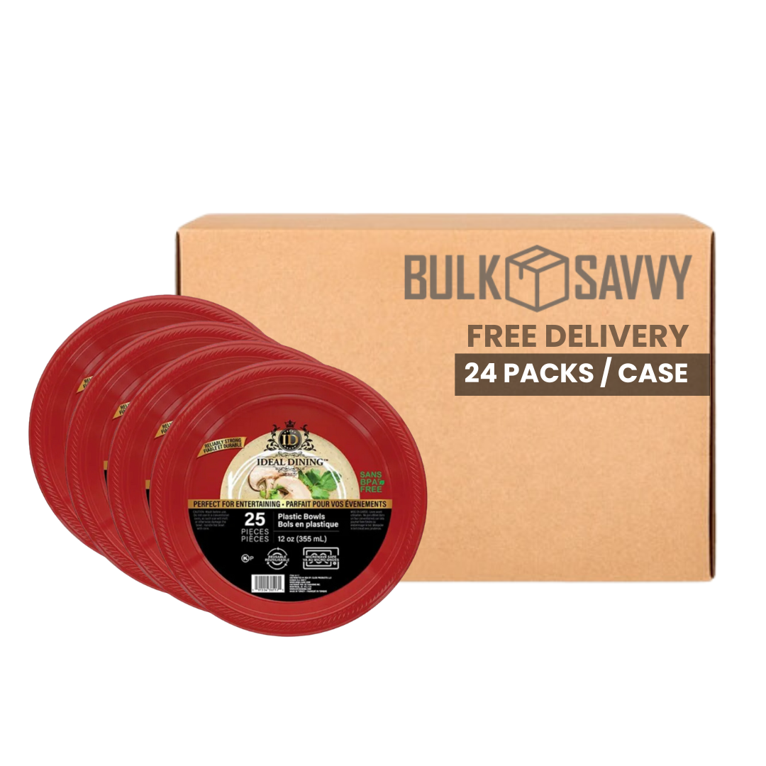 Bulk Order: 600 COUNT,  Ideal Dining Plastic Plate Red, 9 inches - (24 packs of 25 plates each per case)