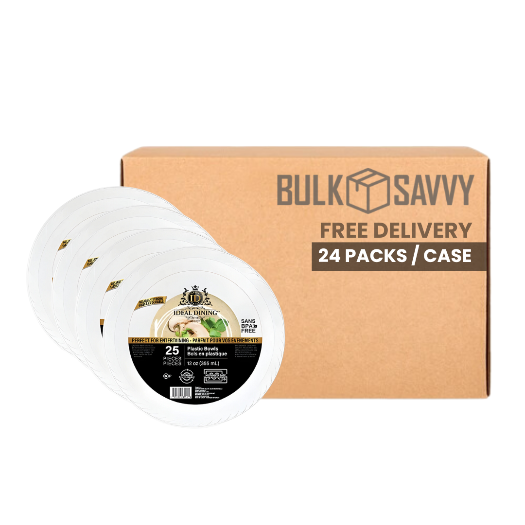 Bulk Order: 600 COUNT,  Ideal Dining Plastic Plate White, 9 inches - (24 packs of 25 plates each per case)